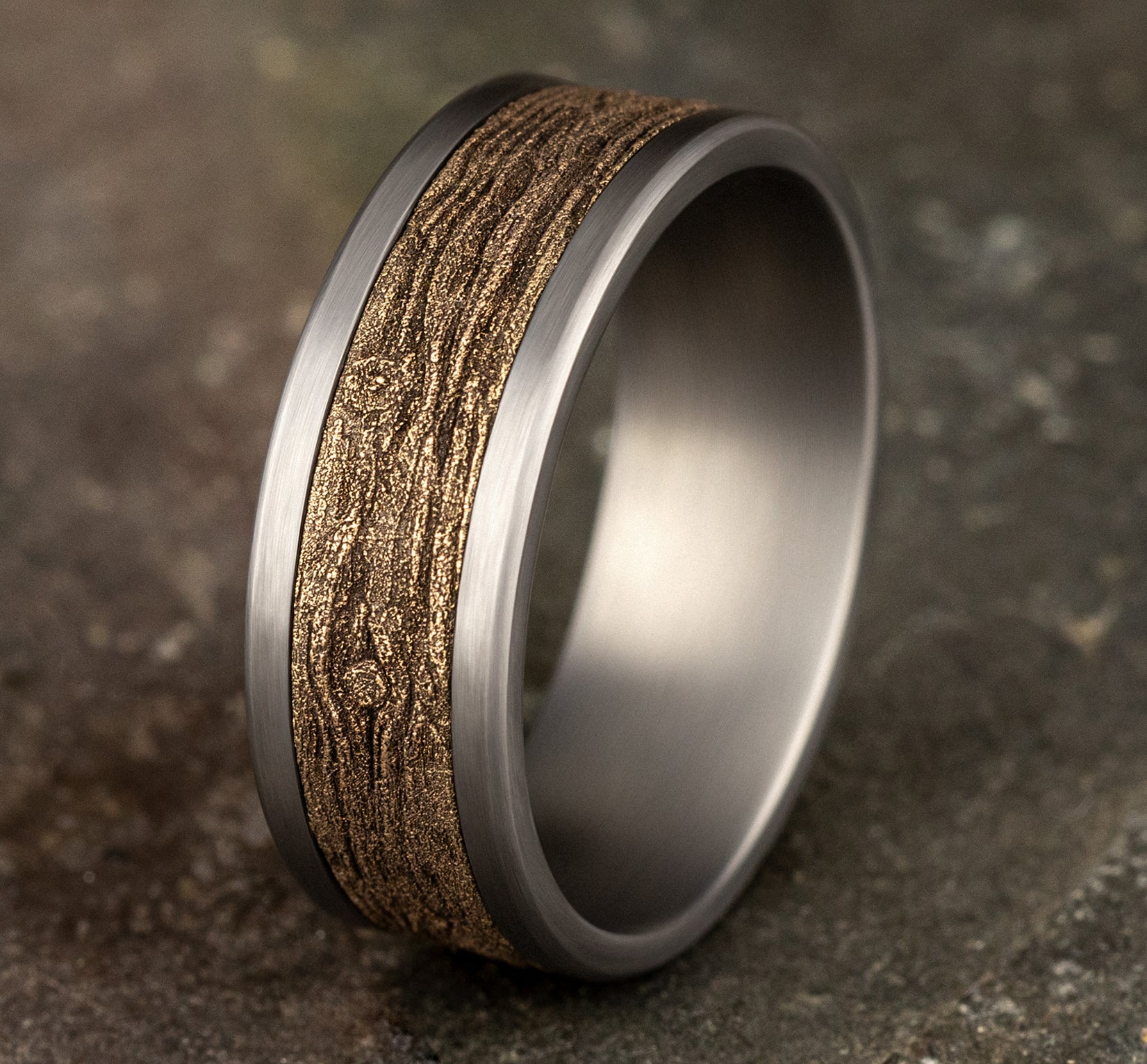 THE ELM 8mm, Comfort fit, Grey Tantalum and 14K Yellow Gold, Wood motif center, straight edges