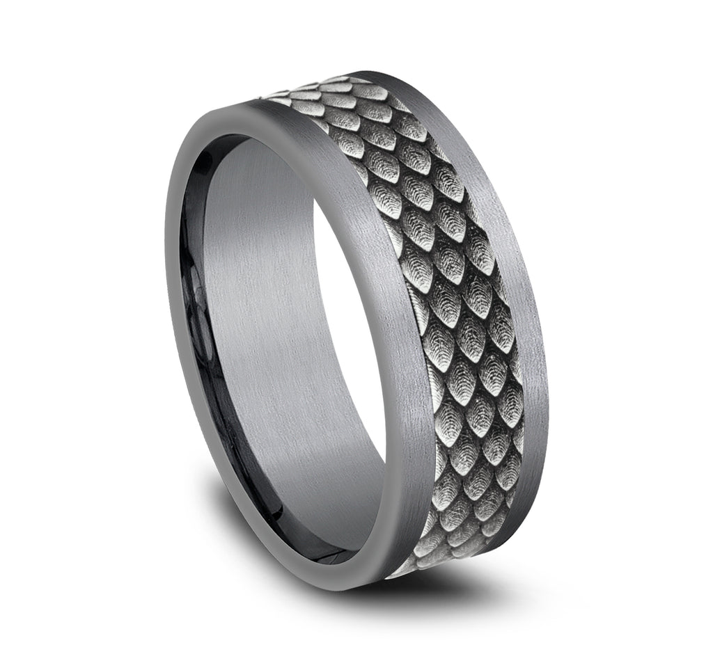THE RHAEGAL 8mm, Comfort fit, Grey Tantalum and 14K White  Gold, Dragon scale patterned center, straight edges