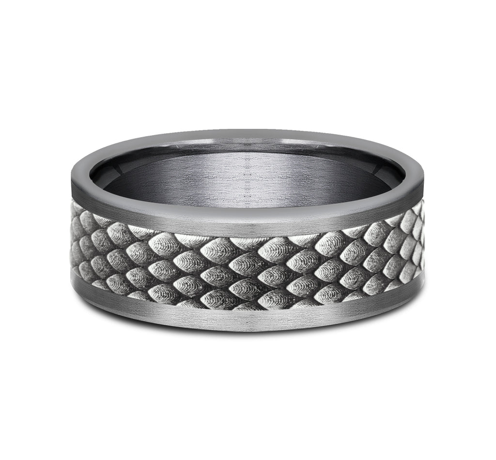 THE RHAEGAL 8mm, Comfort fit, Grey Tantalum and 14K White  Gold, Dragon scale patterned center, straight edges