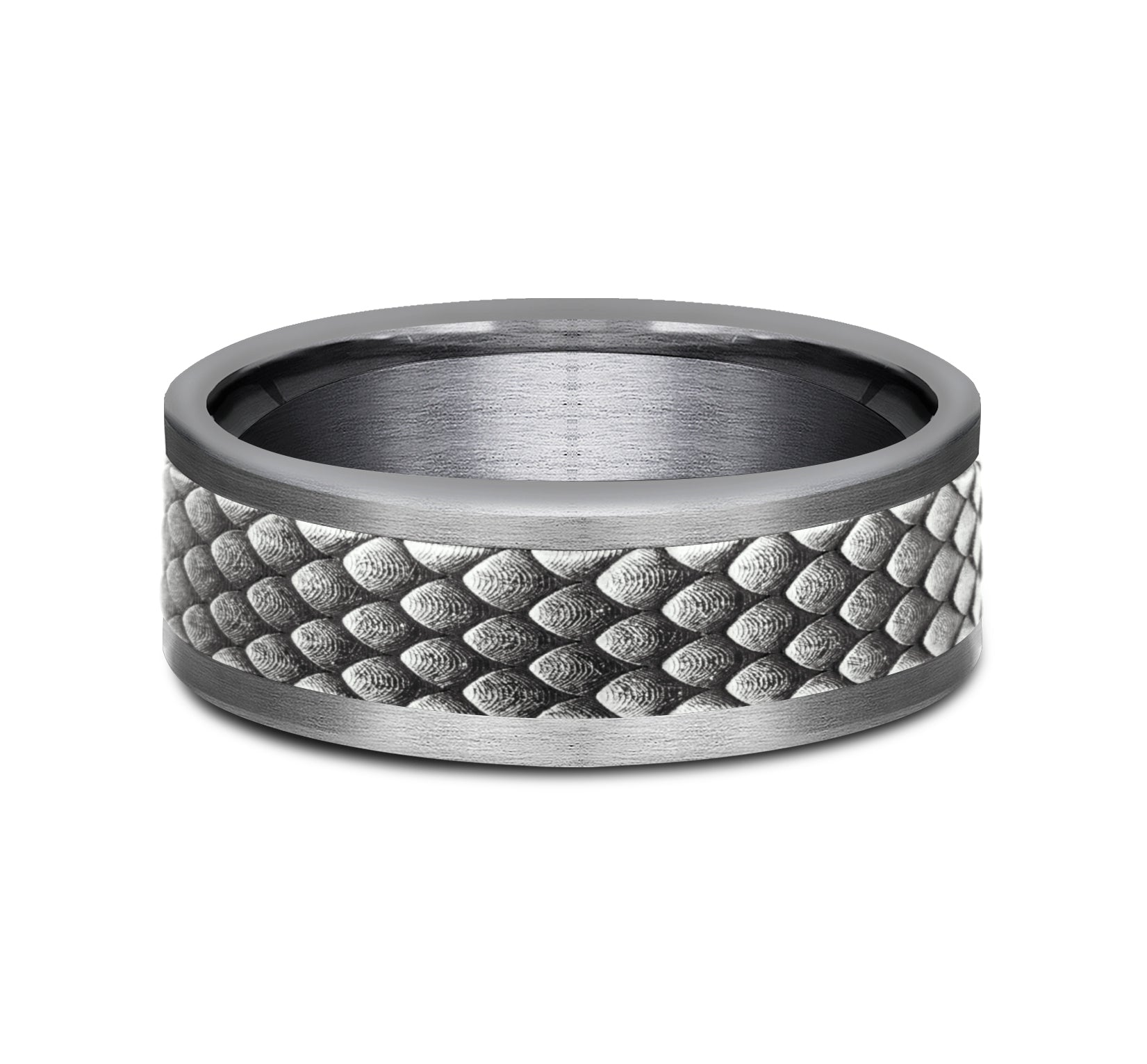 THE RHAEGAL 8mm, Comfort fit, Grey Tantalum and 14K White  Gold, Dragon scale patterned center, straight edges