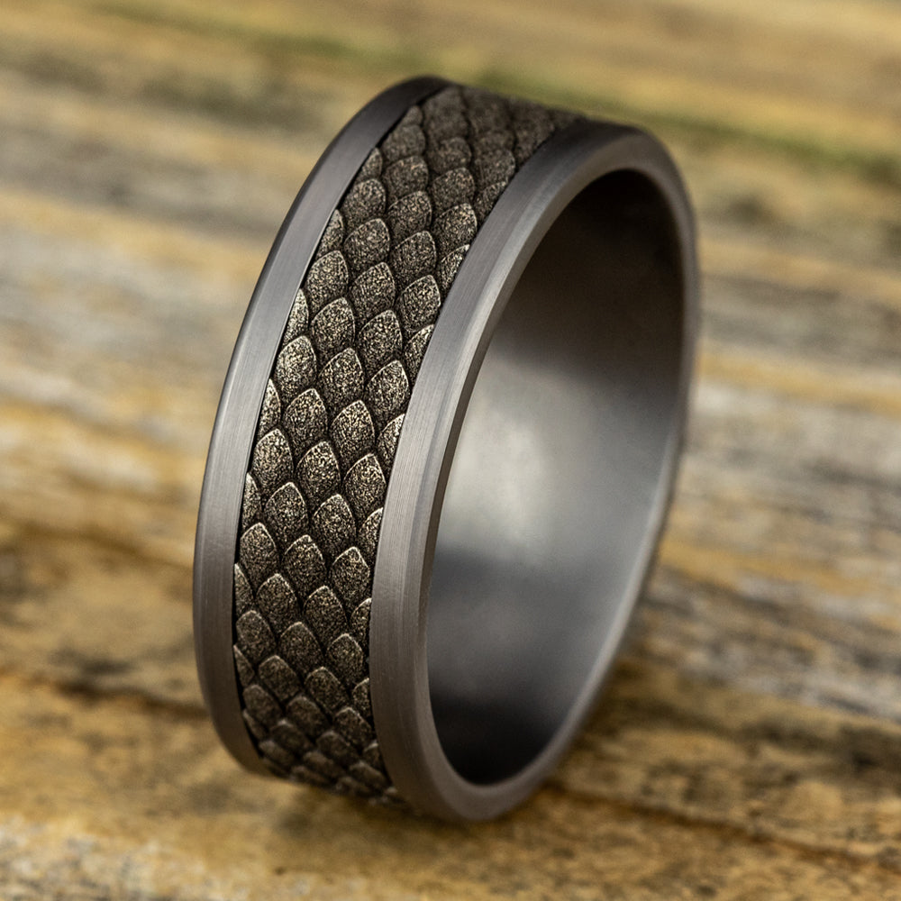 THE RHAEGAL 8mm, Comfort fit, Grey Tantalum and 14K White  Gold, Dragon scale patterned center, straight edges