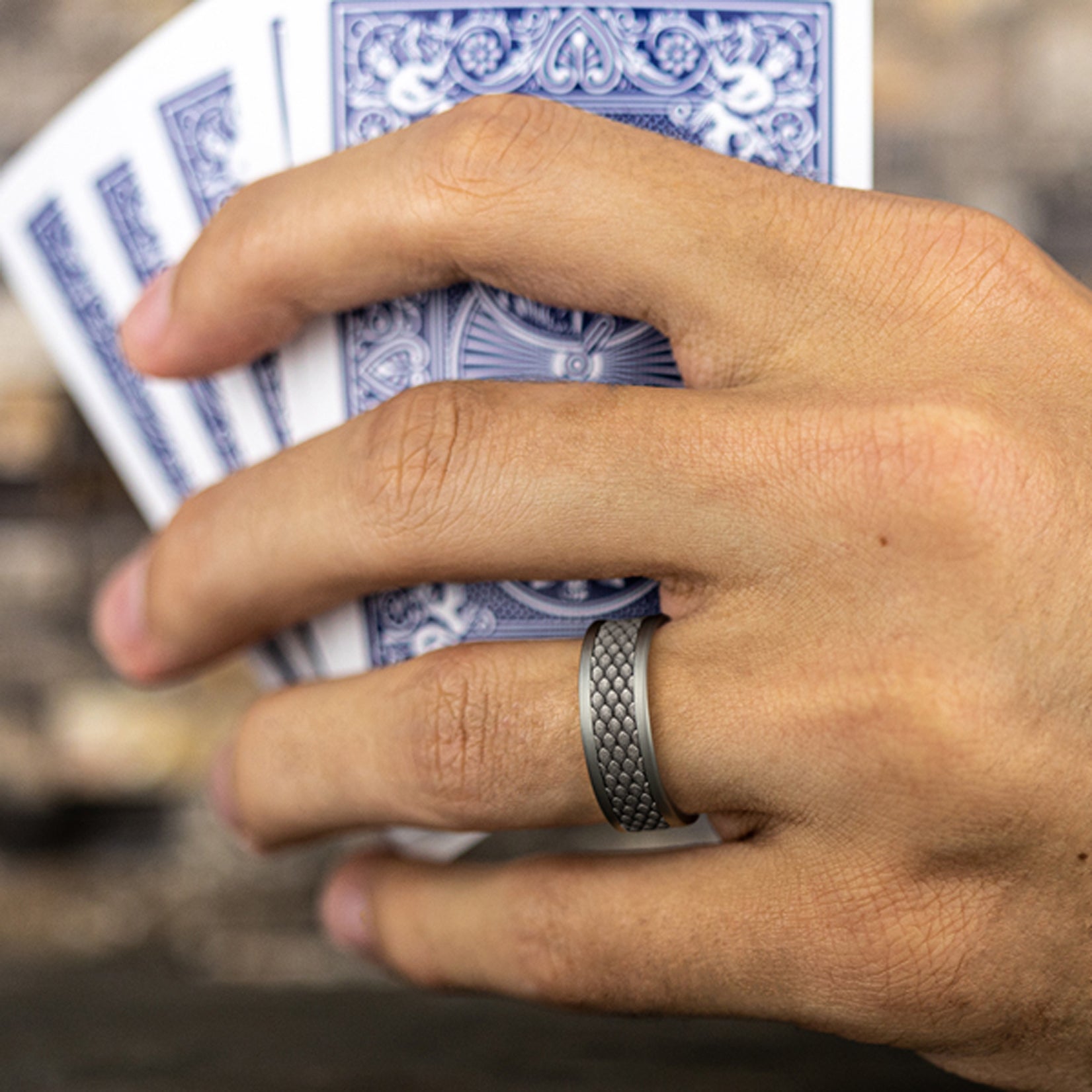 THE RHAEGAL 8mm, Comfort fit, Grey Tantalum and 14K White  Gold, Dragon scale patterned center, straight edges