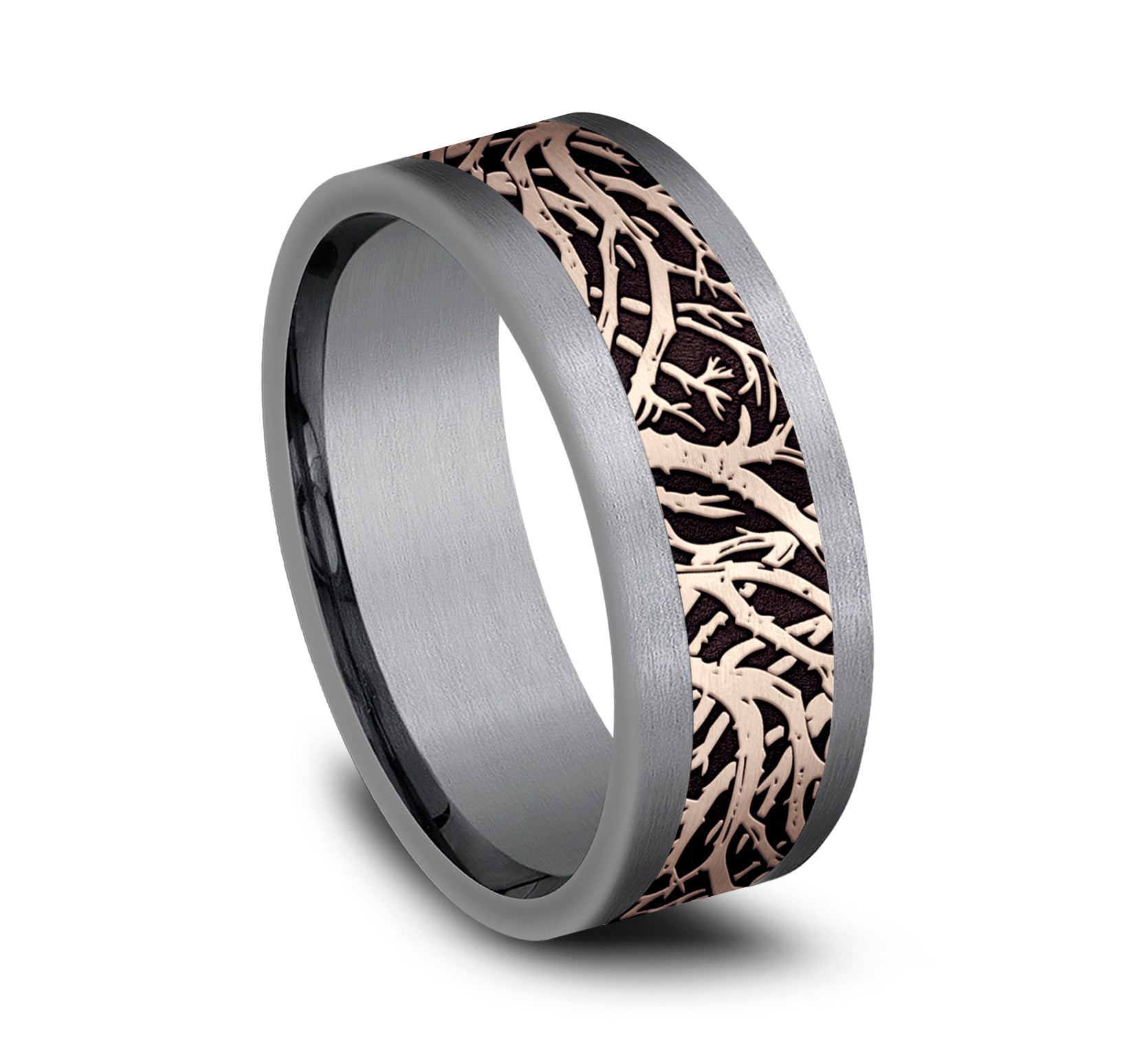 THE WINDSOR 8mm, Comfort fit, Grey Tantalum and 14K Rose Gold, Forest branch pattern, straight edges
