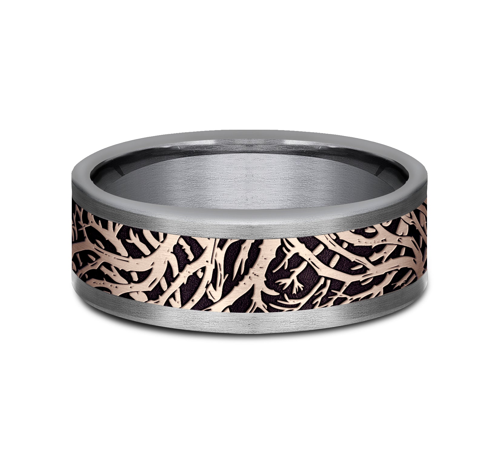 THE WINDSOR 8mm, Comfort fit, Grey Tantalum and 14K Rose Gold, Forest branch pattern, straight edges