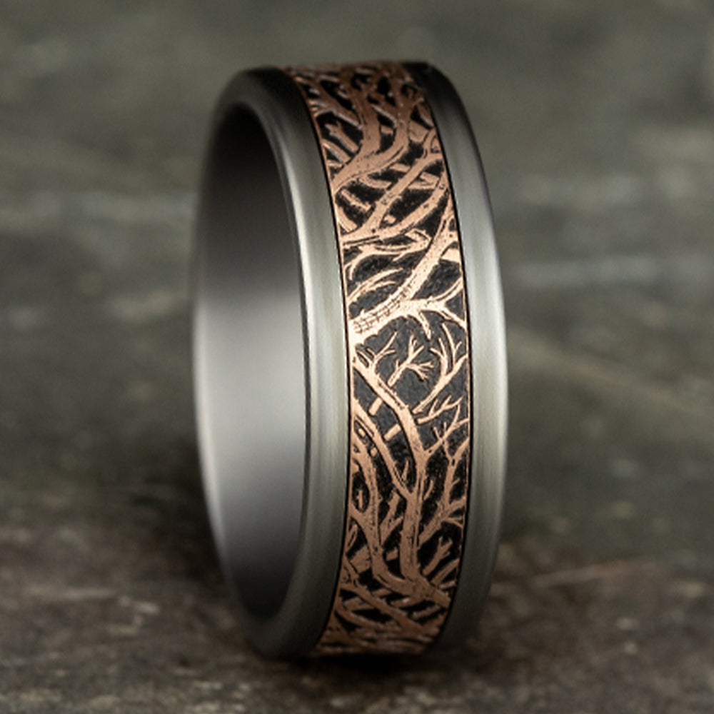 THE WINDSOR 8mm, Comfort fit, Grey Tantalum and 14K Rose Gold, Forest branch pattern, straight edges