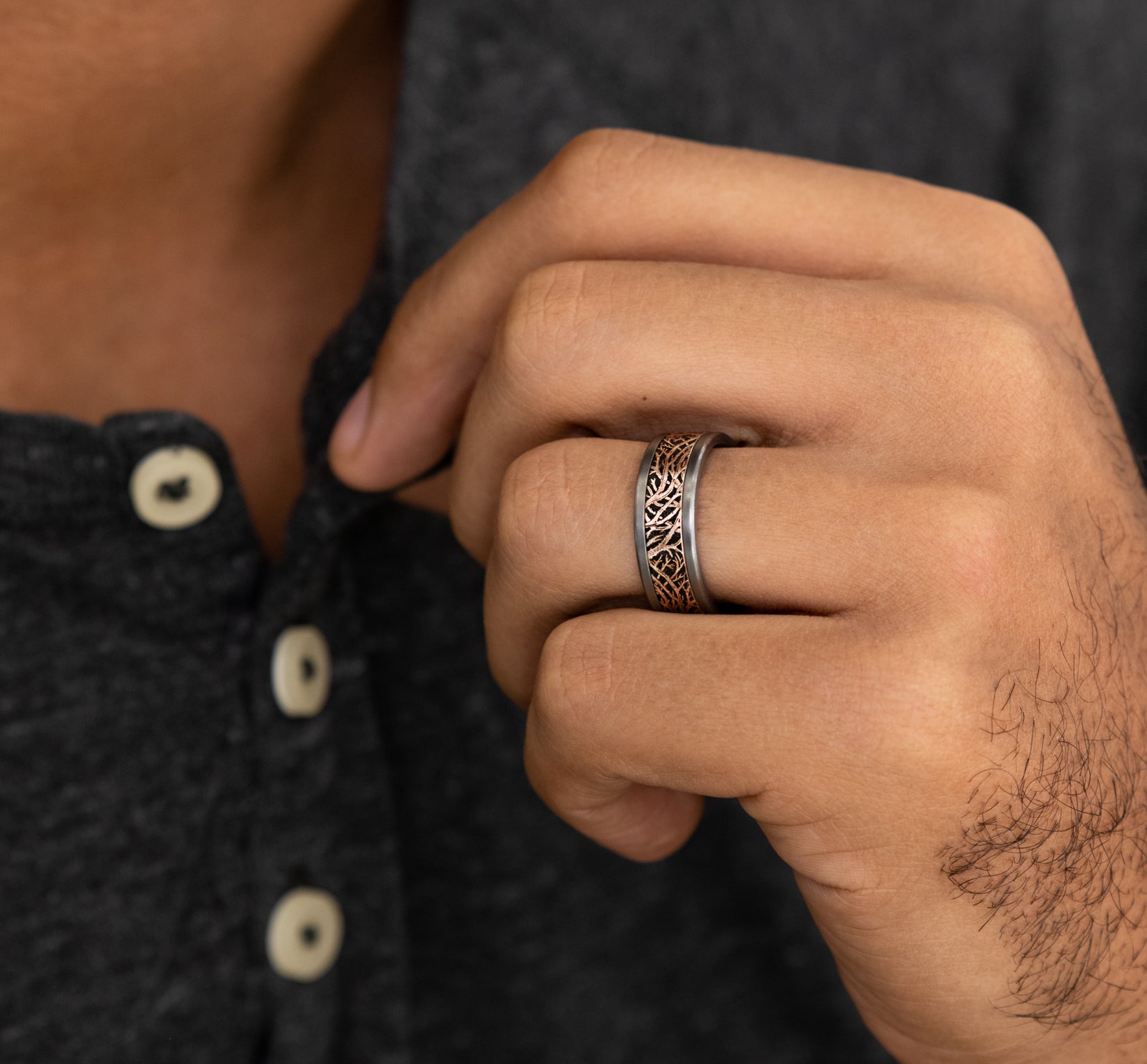 THE WINDSOR 8mm, Comfort fit, Grey Tantalum and 14K Rose Gold, Forest branch pattern, straight edges
