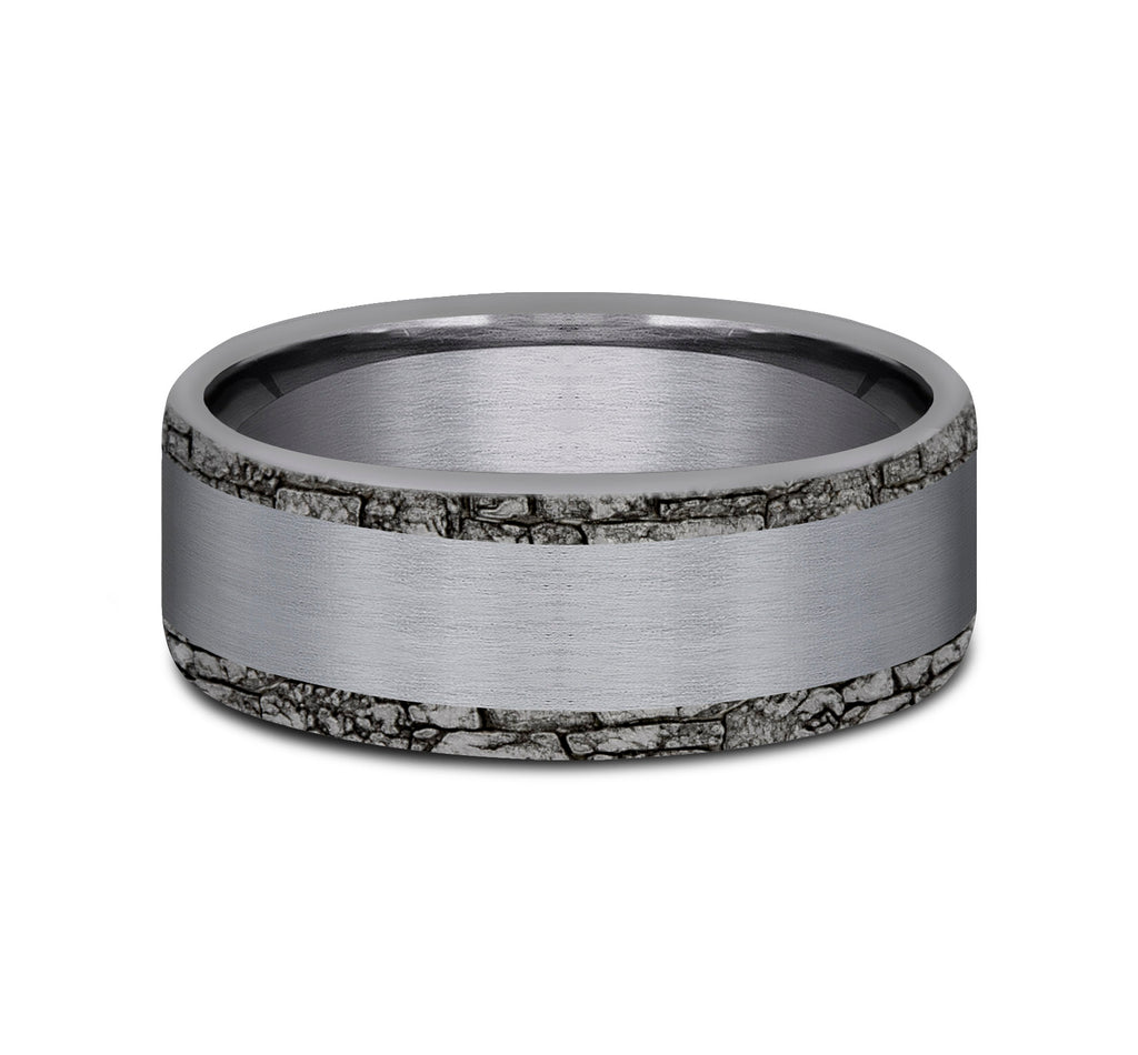 THE HADRIAN 7mm, Comfort fit, Grey Tantalum, Satin center, stone wall patterned edges