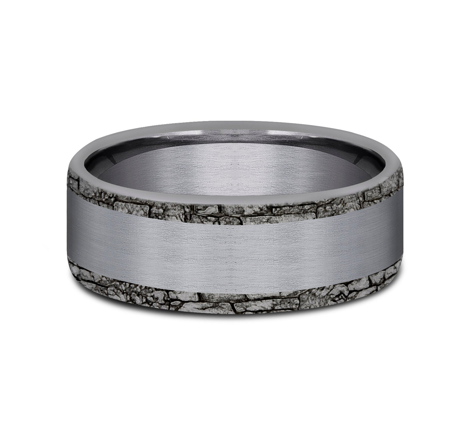 THE HADRIAN 7mm, Comfort fit, Grey Tantalum, Satin center, stone wall patterned edges
