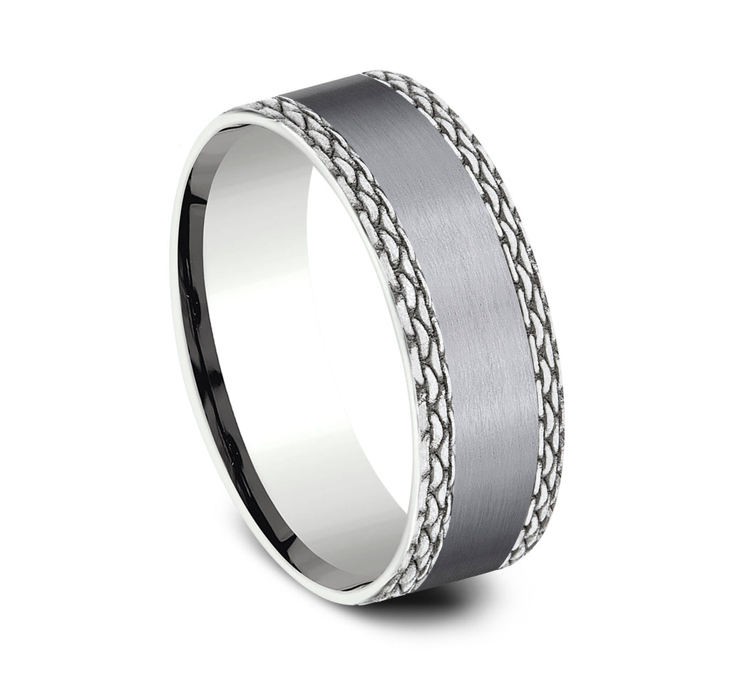 THE LINK 7mm, Comfort fit, Grey Tantalum and 14K White Gold, Satin center, chain link patterned edges