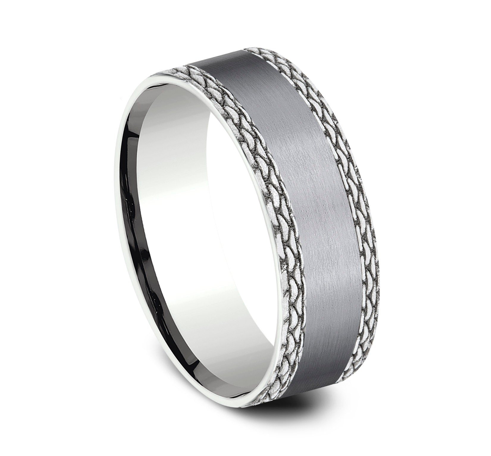 THE LINK 7mm, Comfort fit, Grey Tantalum and 14K White Gold, Satin center, chain link patterned edges