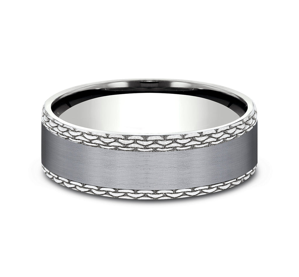 THE LINK 7mm, Comfort fit, Grey Tantalum and 14K White Gold, Satin center, chain link patterned edges