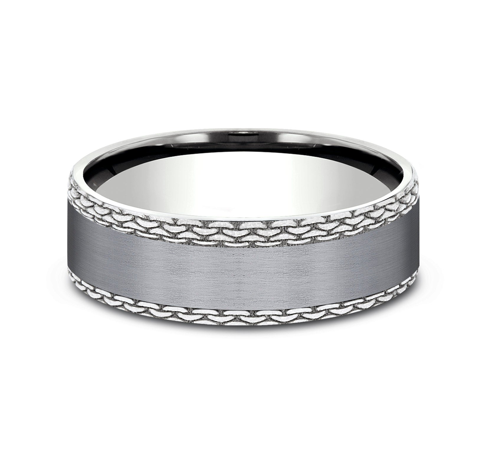 THE LINK 7mm, Comfort fit, Grey Tantalum and 14K White Gold, Satin center, chain link patterned edges