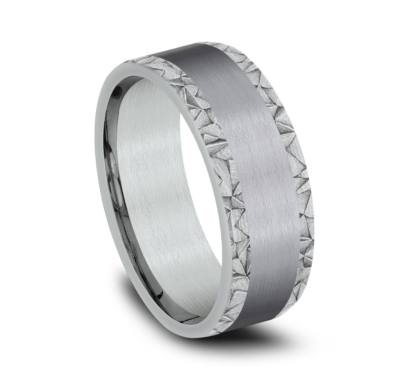 THE MOSAIC 8mm, Comfort fit, 14K White Gold and Grey Tantalum, Satin center, kaleidoscope patterned edges