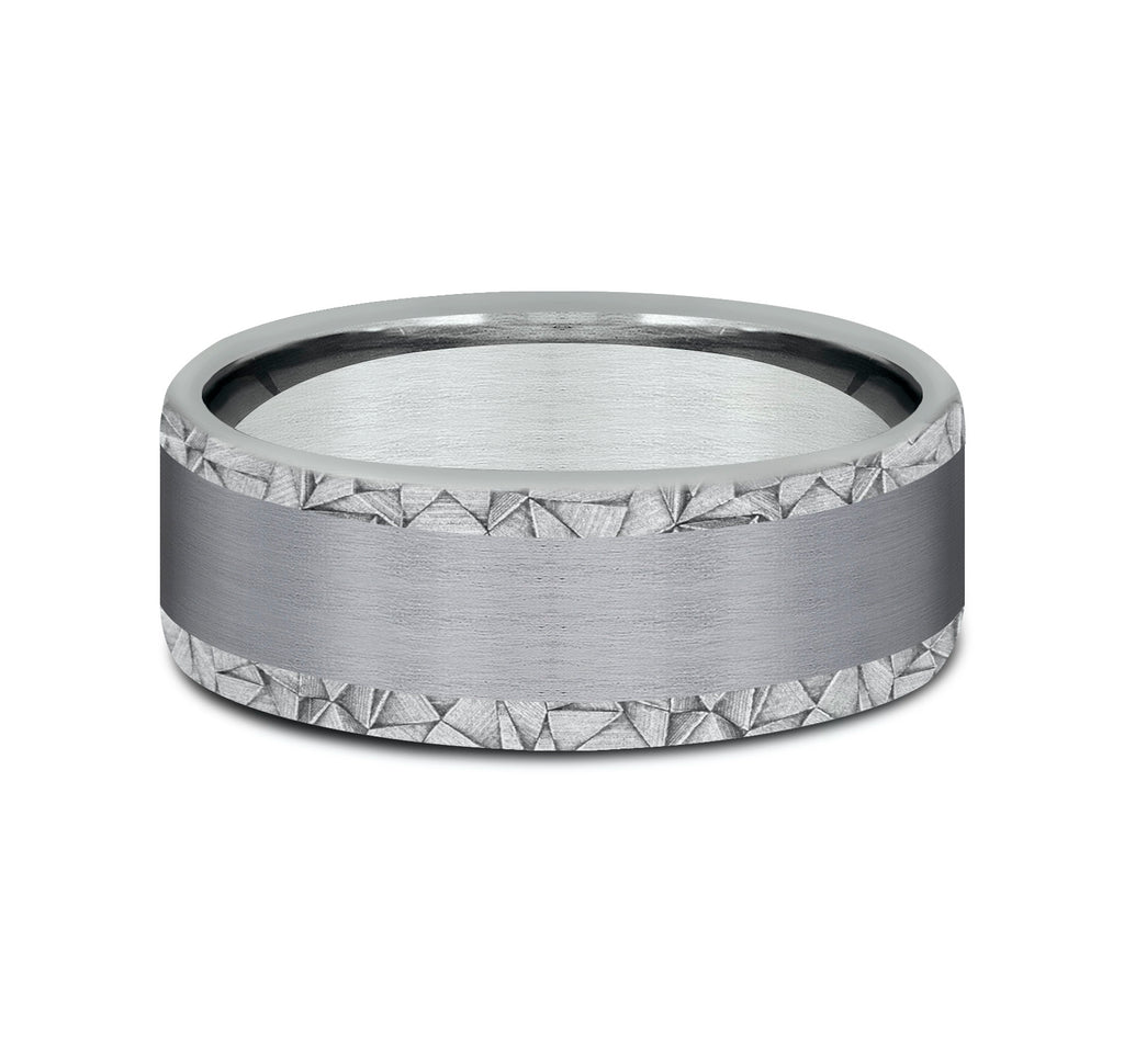 THE MOSAIC 8mm, Comfort fit, 14K White Gold and Grey Tantalum, Satin center, kaleidoscope patterned edges