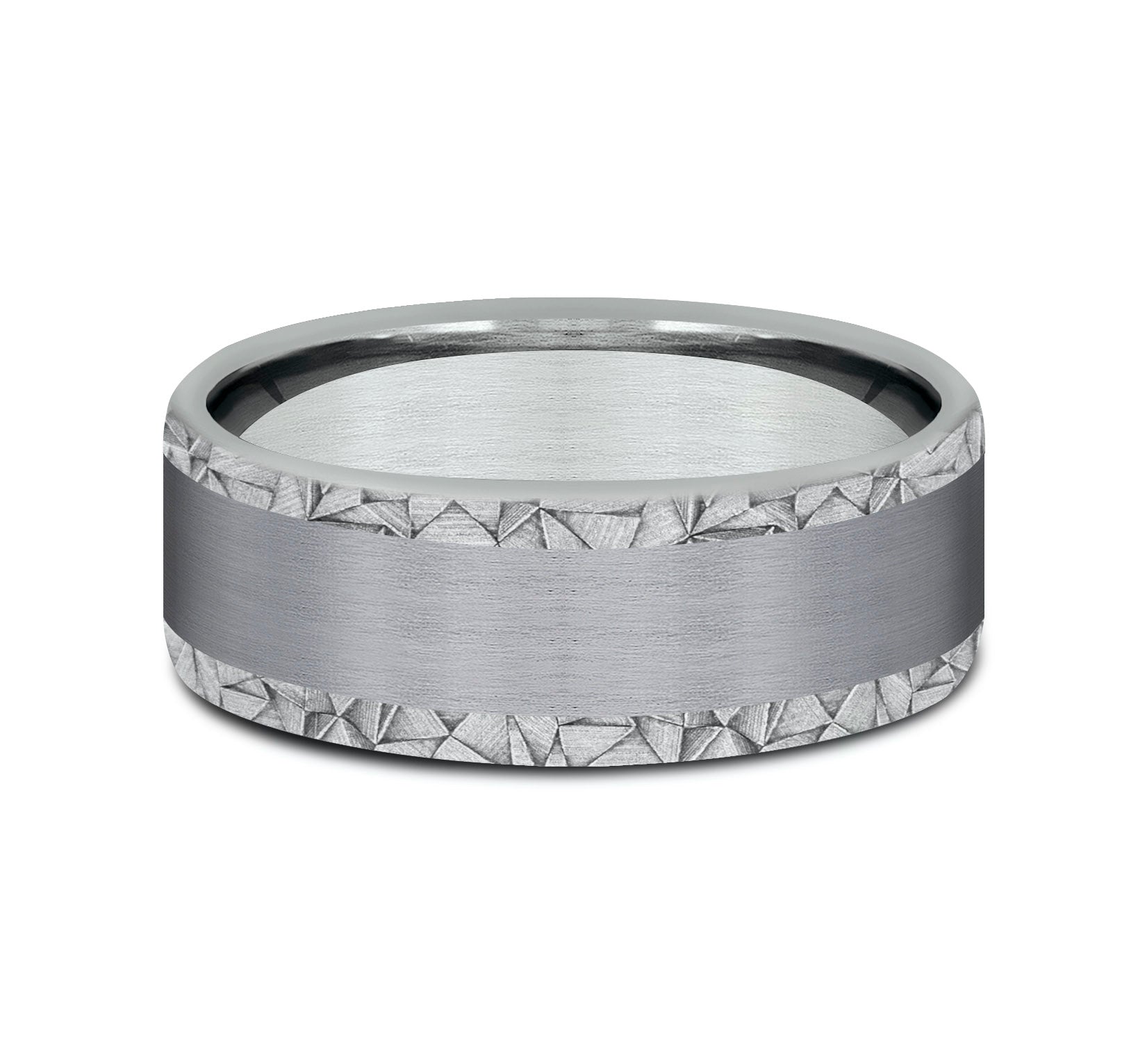 THE MOSAIC 8mm, Comfort fit, 14K White Gold and Grey Tantalum, Satin center, kaleidoscope patterned edges