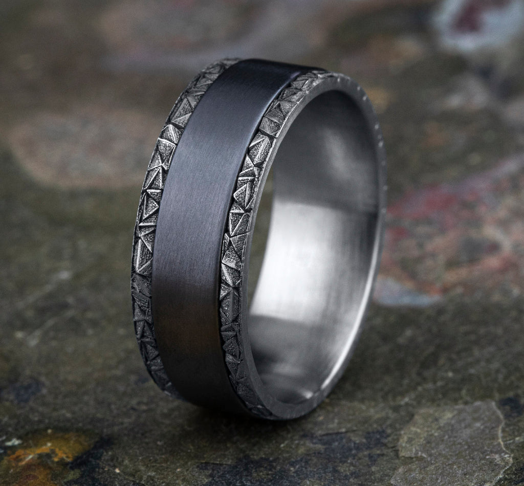 THE MOSAIC 8mm, Comfort fit, 14K White Gold and Grey Tantalum, Satin center, kaleidoscope patterned edges