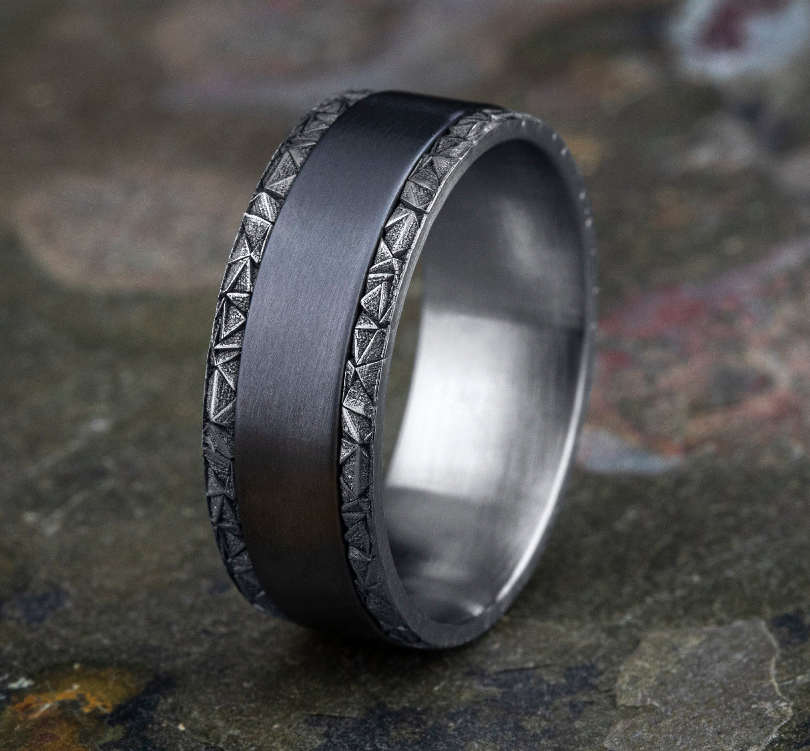 THE MOSAIC 8mm, Comfort fit, 14K White Gold and Grey Tantalum, Satin center, kaleidoscope patterned edges