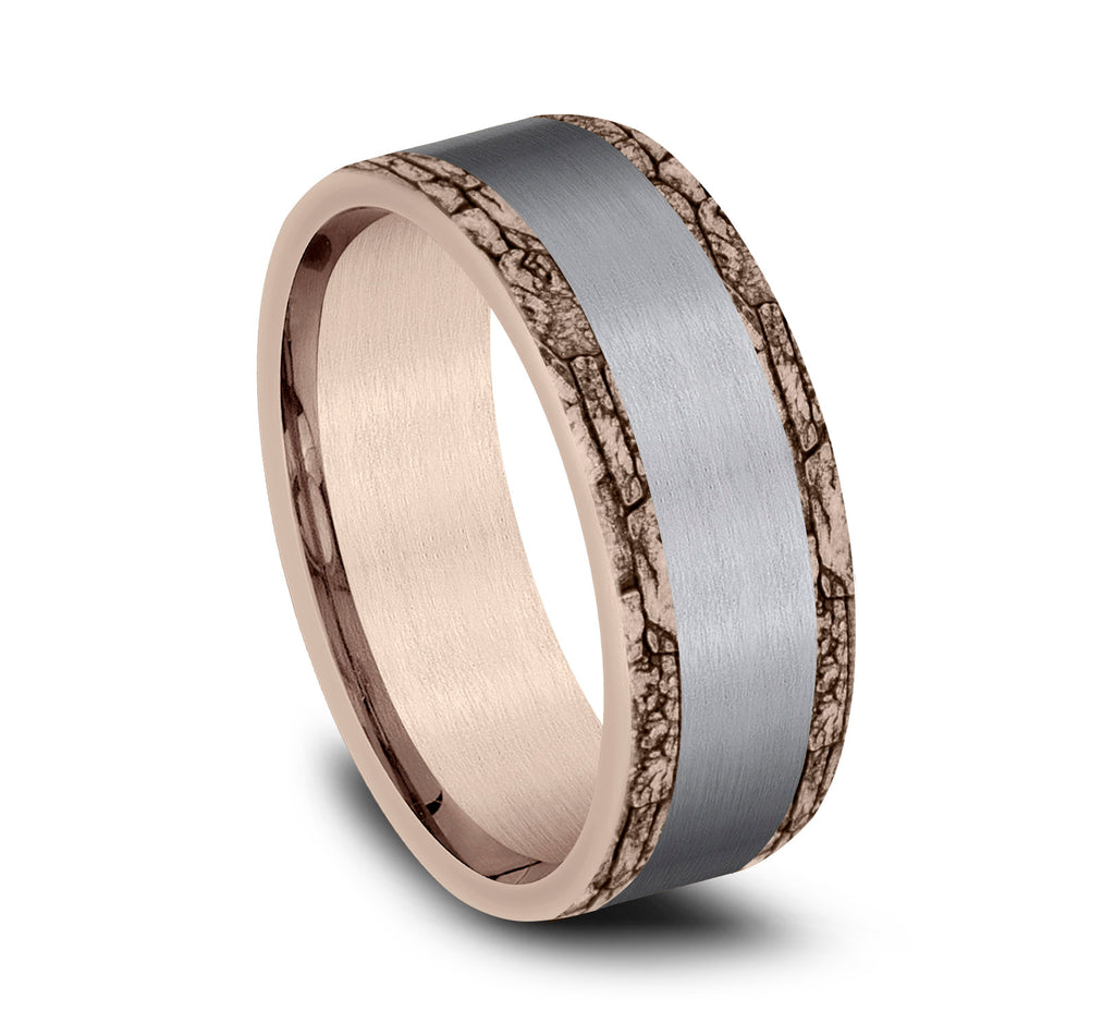 THE HADRIAN 8mm, Comfort fit, 14K Rose Gold and Grey Tantalum, Satin center, stone wall patterned edges