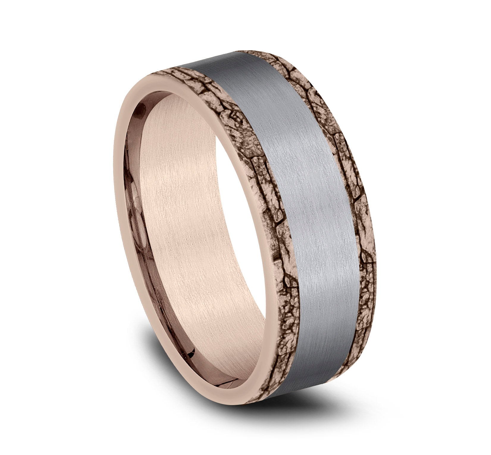 THE HADRIAN 8mm, Comfort fit, 14K Rose Gold and Grey Tantalum, Satin center, stone wall patterned edges