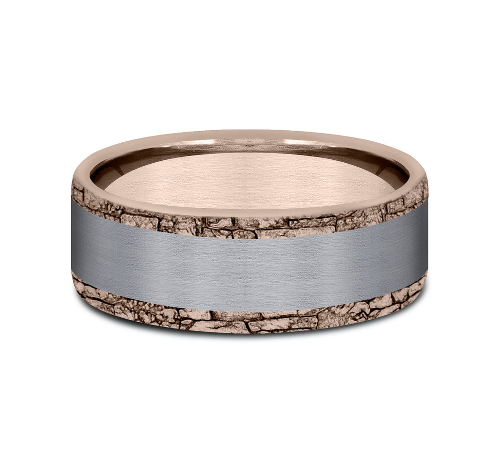 THE HADRIAN 8mm, Comfort fit, 14K Rose Gold and Grey Tantalum, Satin center, stone wall patterned edges
