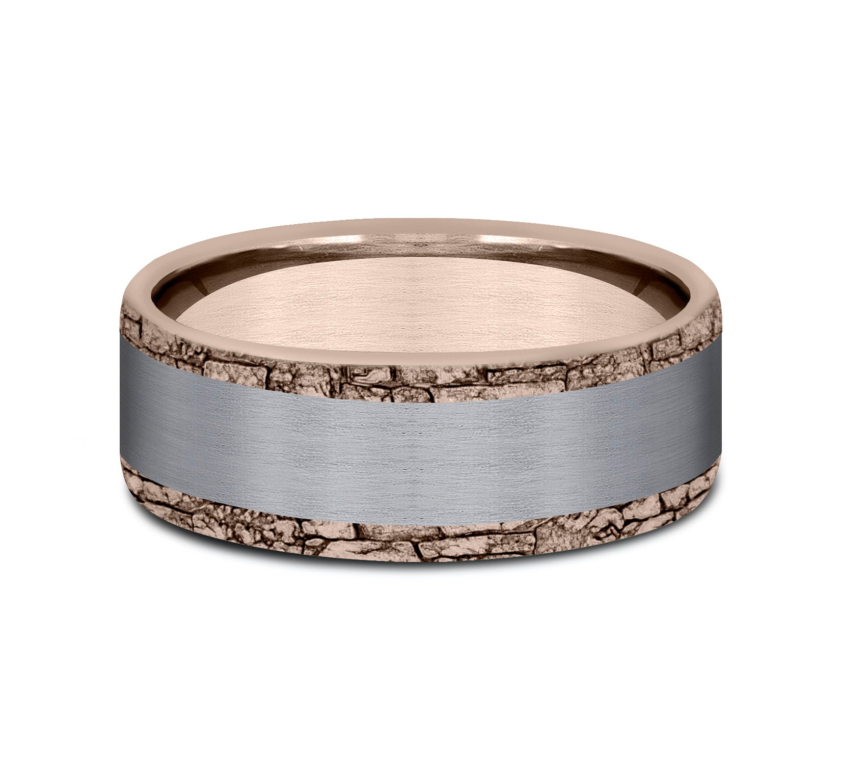THE HADRIAN 8mm, Comfort fit, 14K Rose Gold and Grey Tantalum, Satin center, stone wall patterned edges