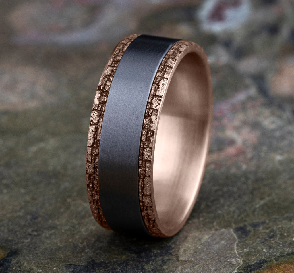 THE HADRIAN 8mm, Comfort fit, 14K Rose Gold and Grey Tantalum, Satin center, stone wall patterned edges
