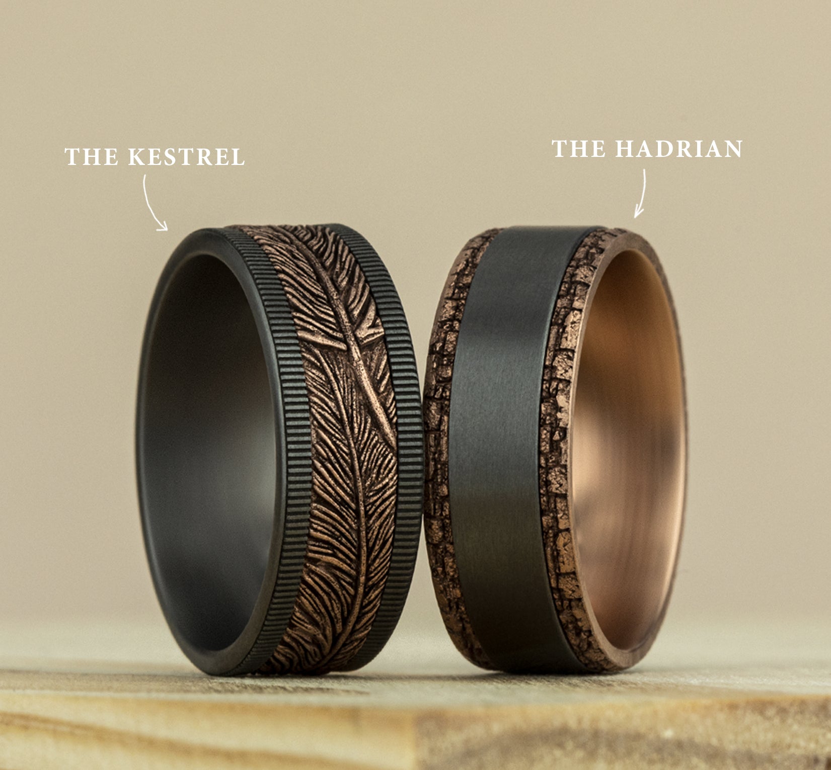 THE HADRIAN 8mm, Comfort fit, 14K Rose Gold and Grey Tantalum, Satin center, stone wall patterned edges