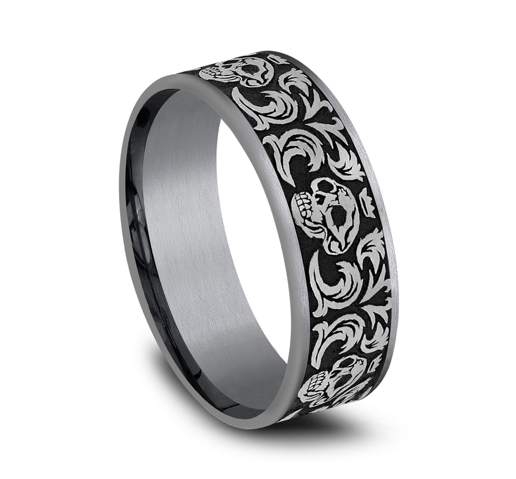 THE SKULL KING 7.5mm, Comfort fit, Grey Tantalum and Grey/Black Titanium, Skull king pattern, thin edges