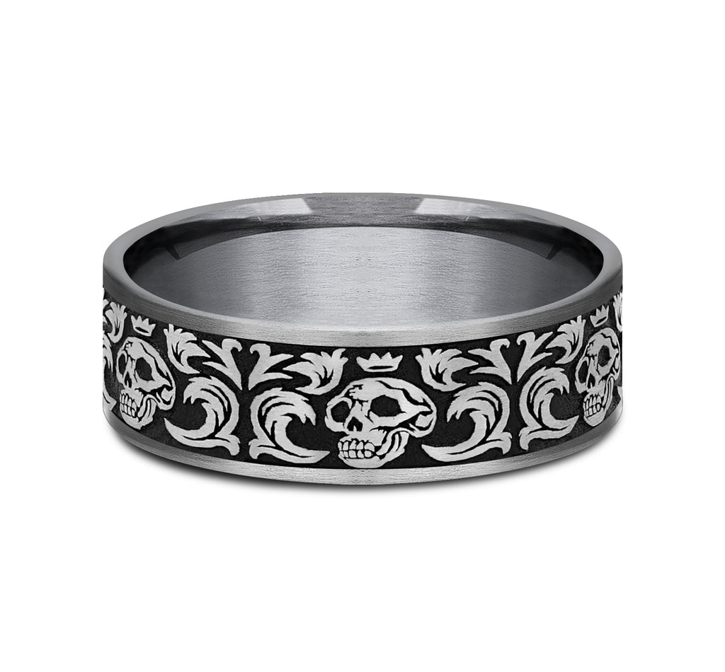 THE SKULL KING 7.5mm, Comfort fit, Grey Tantalum and Grey/Black Titanium, Skull king pattern, thin edges