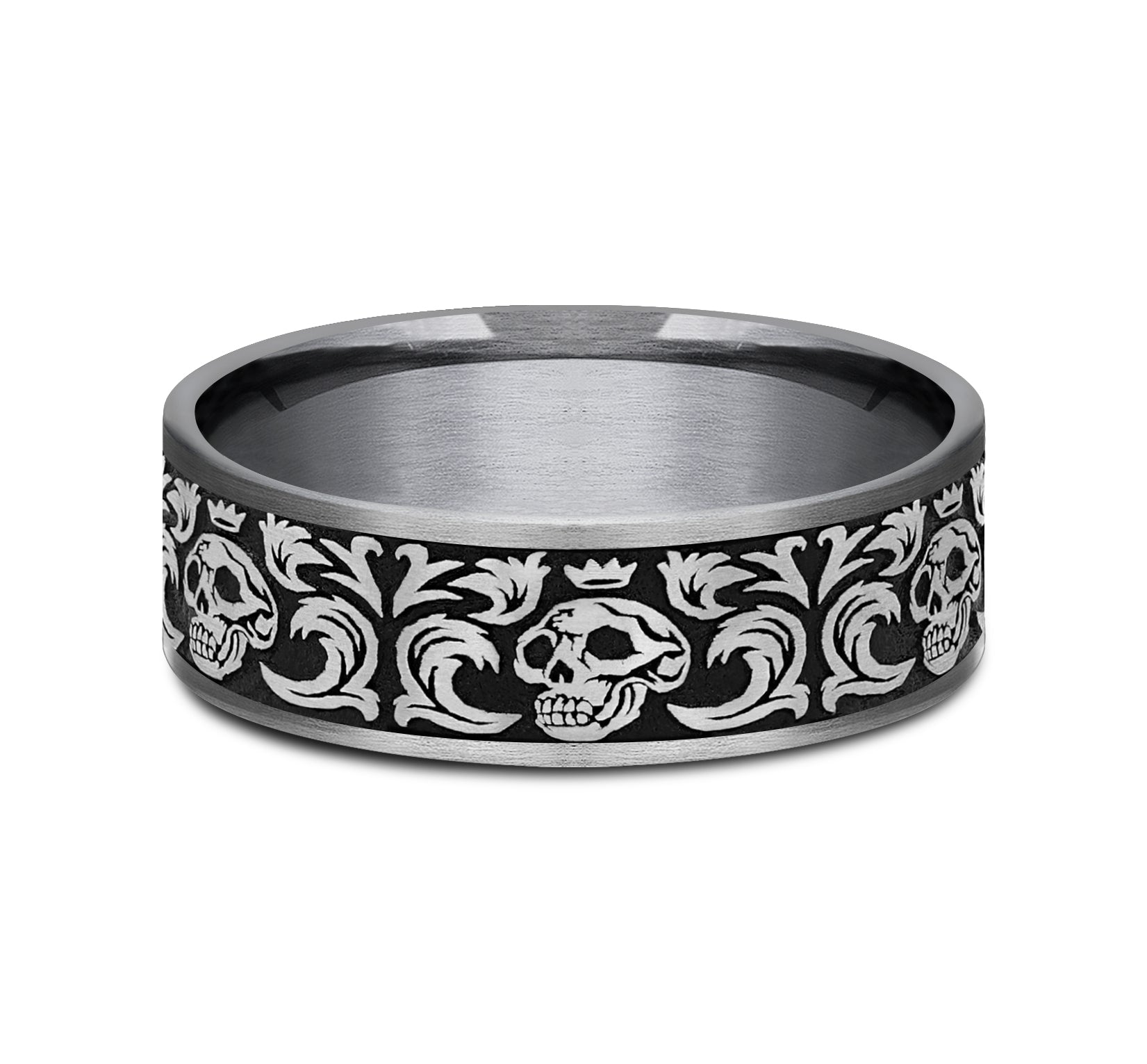 THE SKULL KING 7.5mm, Comfort fit, Grey Tantalum and Grey/Black Titanium, Skull king pattern, thin edges