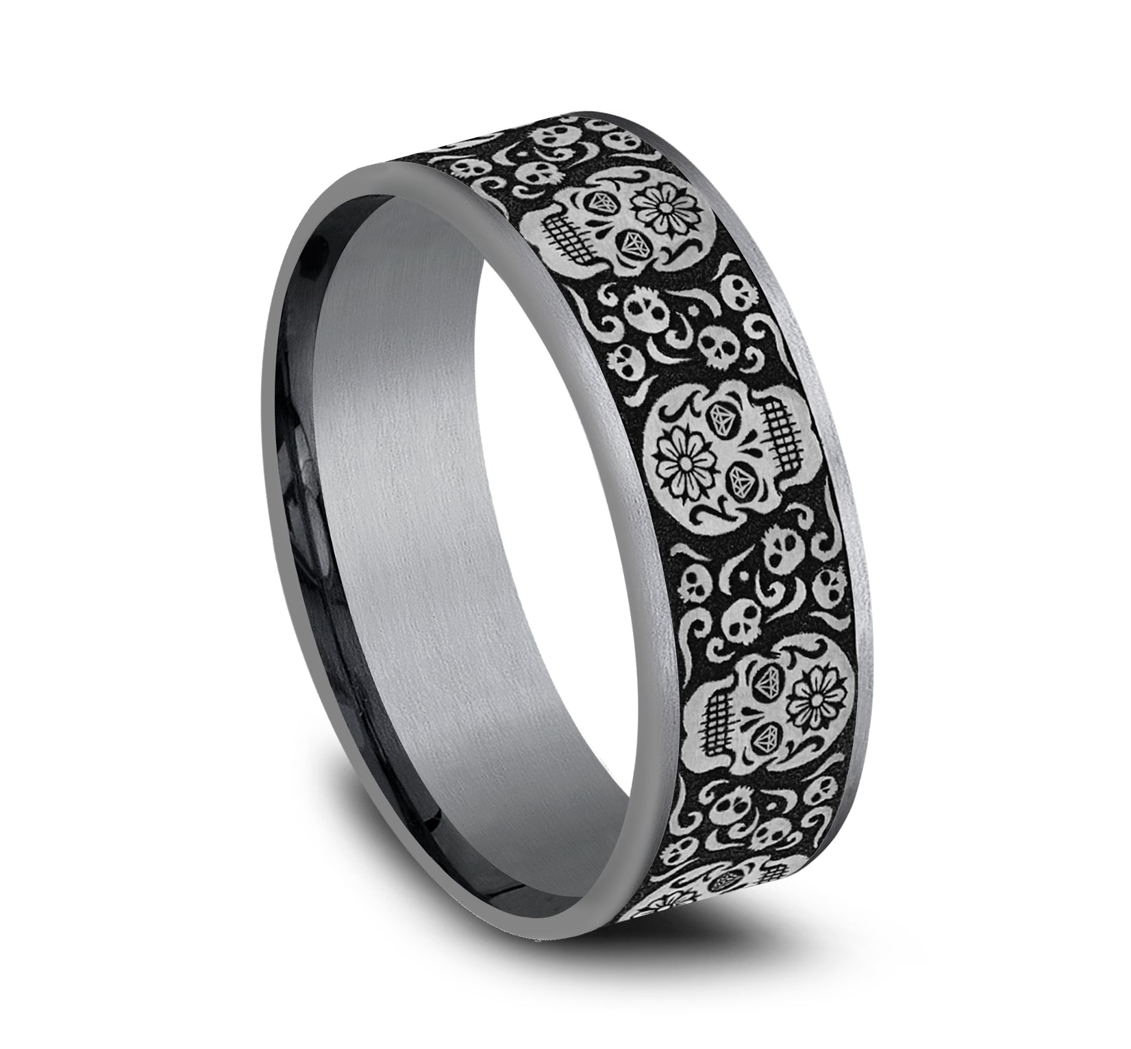 THE SUGAR SKULL 7.5mm, Comfort fit, Grey Tantalum and Grey/Black Titanium, Sugar skull pattern, thin edges