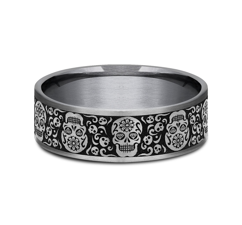 THE SUGAR SKULL 7.5mm, Comfort fit, Grey Tantalum and Grey/Black Titanium, Sugar skull pattern, thin edges