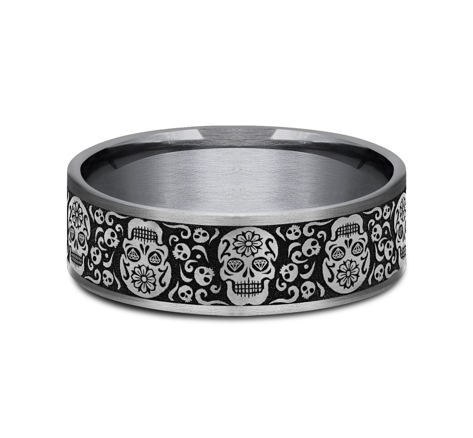 THE SUGAR SKULL 7.5mm, Comfort fit, Grey Tantalum and Grey/Black Titanium, Sugar skull pattern, thin edges