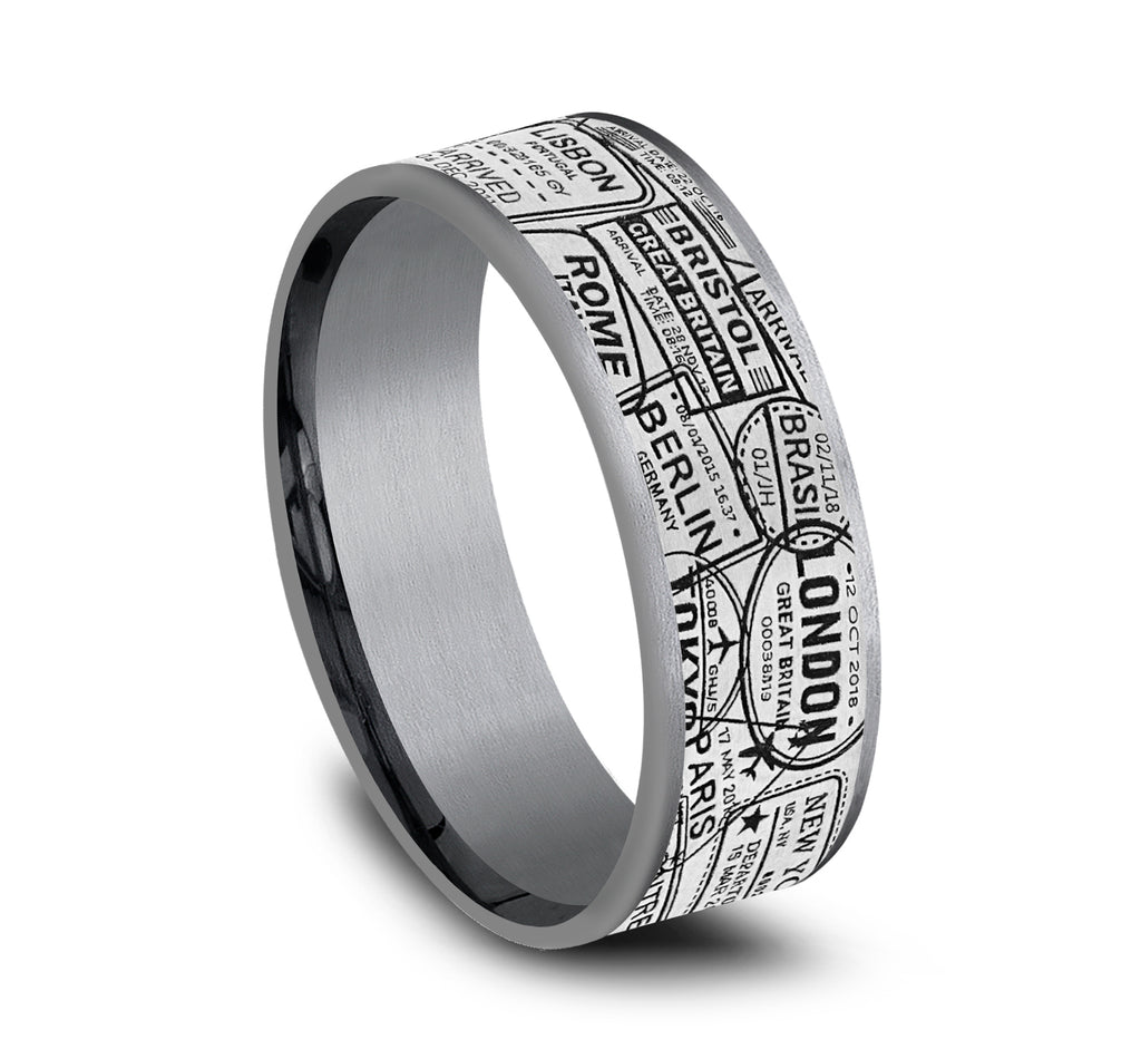 THE GLOBETROTTER 7.5mm, Comfort fit, Grey Tantalum and Grey/Black Titanium, Visa Stamp pattern, thin edges