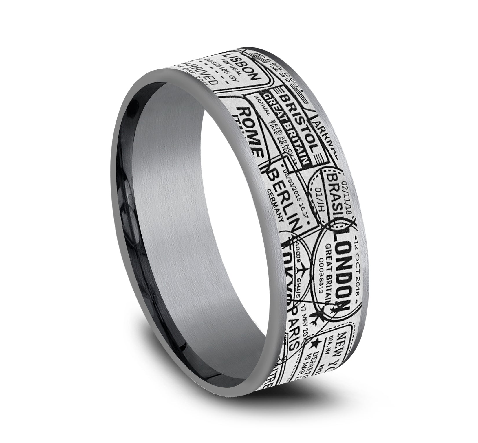 THE GLOBETROTTER 7.5mm, Comfort fit, Grey Tantalum and Grey/Black Titanium, Visa Stamp pattern, thin edges