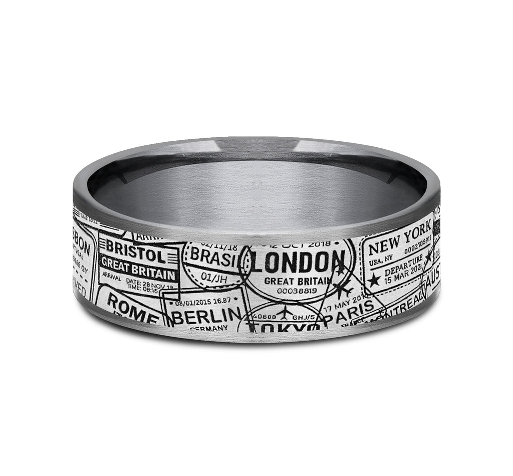 THE GLOBETROTTER 7.5mm, Comfort fit, Grey Tantalum and Grey/Black Titanium, Visa Stamp pattern, thin edges