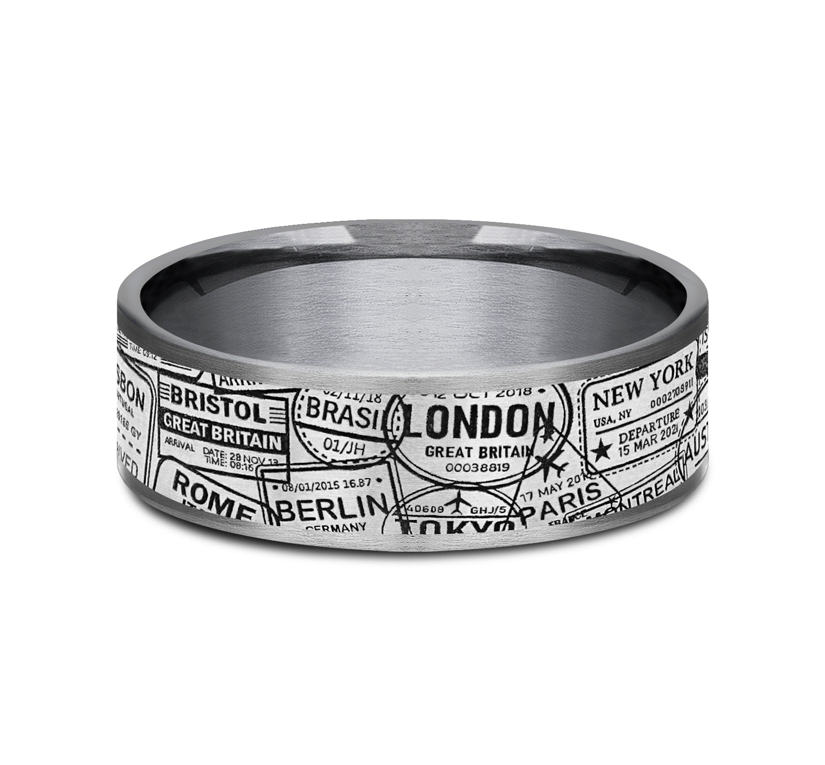 THE GLOBETROTTER 7.5mm, Comfort fit, Grey Tantalum and Grey/Black Titanium, Visa Stamp pattern, thin edges