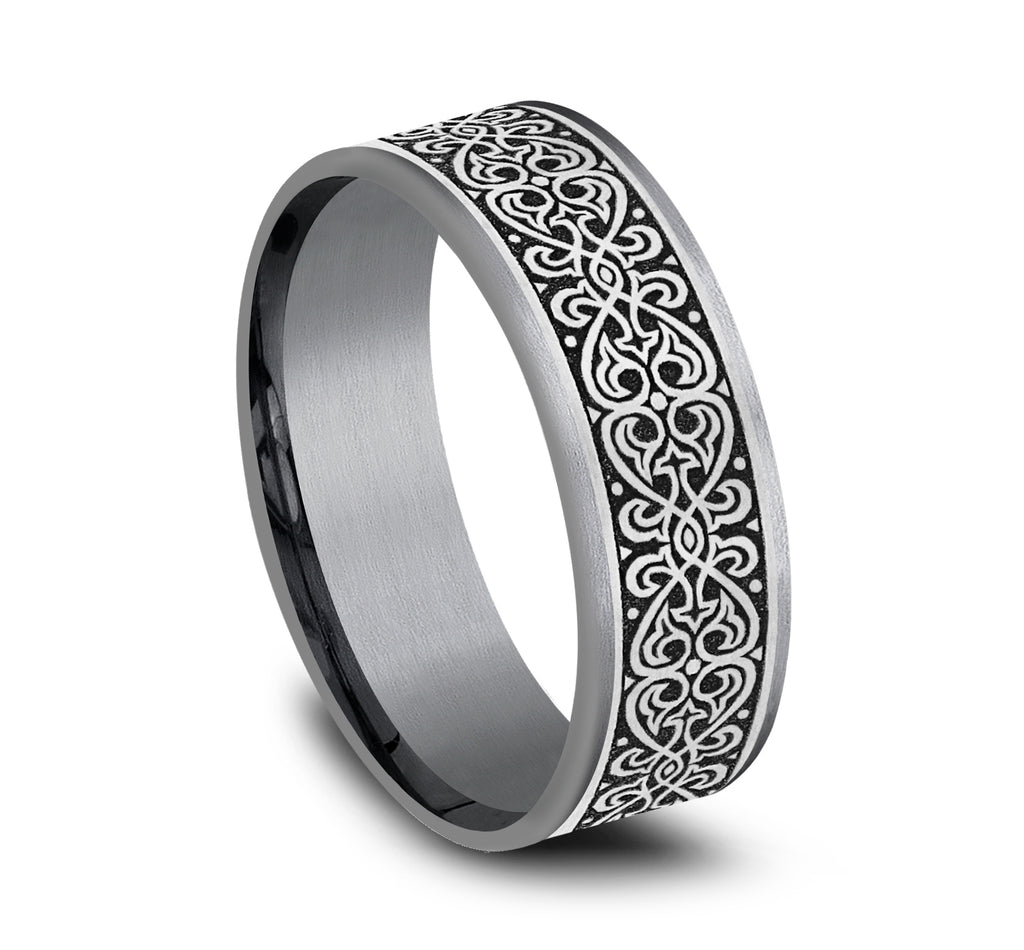 THE MIHRAB 7.5mm, Comfort fit, Grey Tantalum and Grey/Black Titanium, Ottoman Knot pattern, thin edges