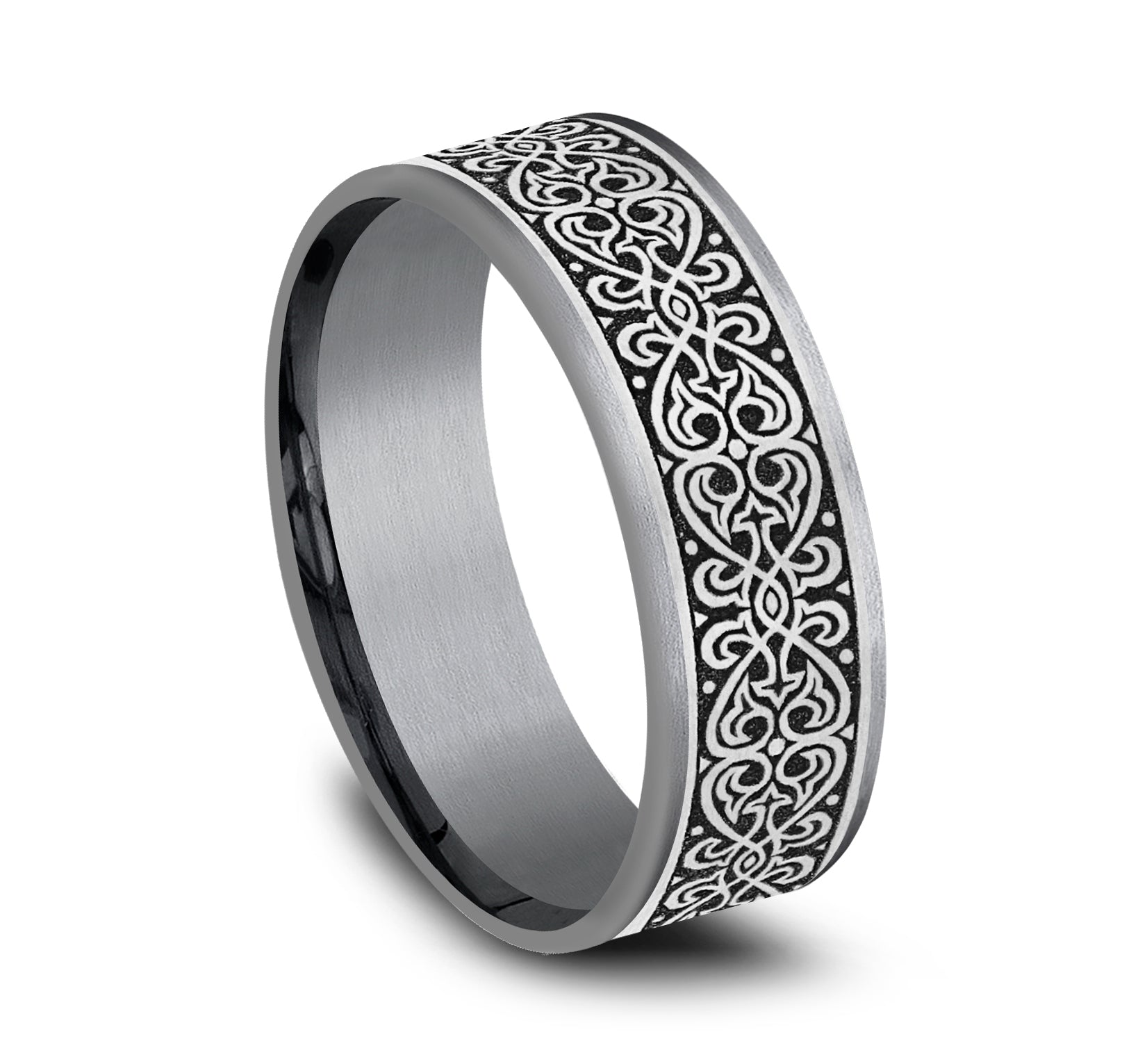 THE MIHRAB 7.5mm, Comfort fit, Grey Tantalum and Grey/Black Titanium, Ottoman Knot pattern, thin edges