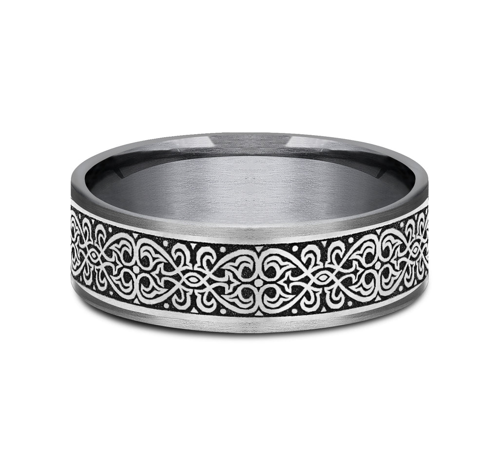 THE MIHRAB 7.5mm, Comfort fit, Grey Tantalum and Grey/Black Titanium, Ottoman Knot pattern, thin edges