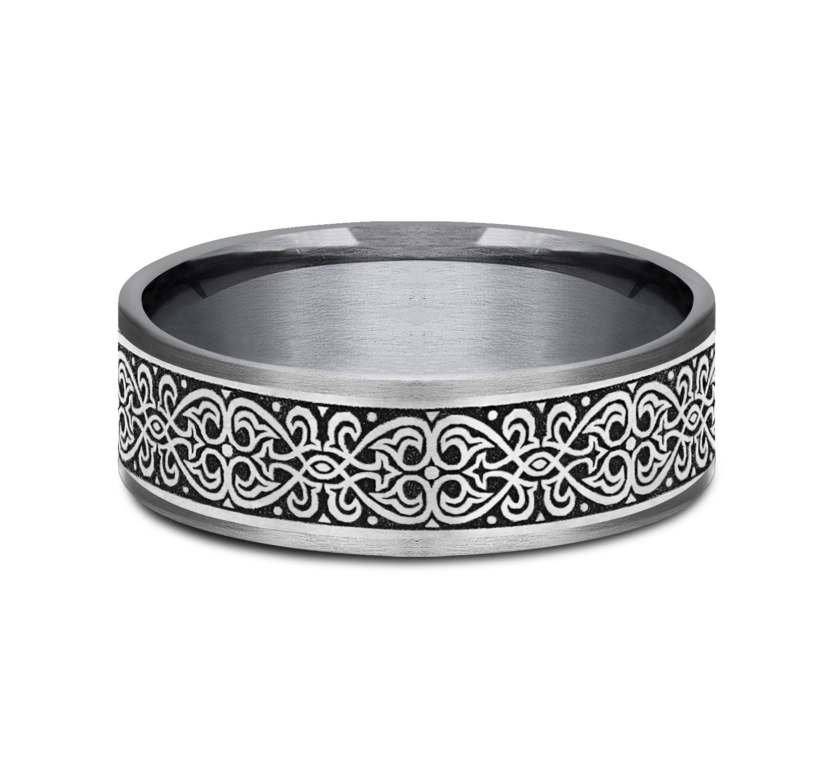 THE MIHRAB 7.5mm, Comfort fit, Grey Tantalum and Grey/Black Titanium, Ottoman Knot pattern, thin edges