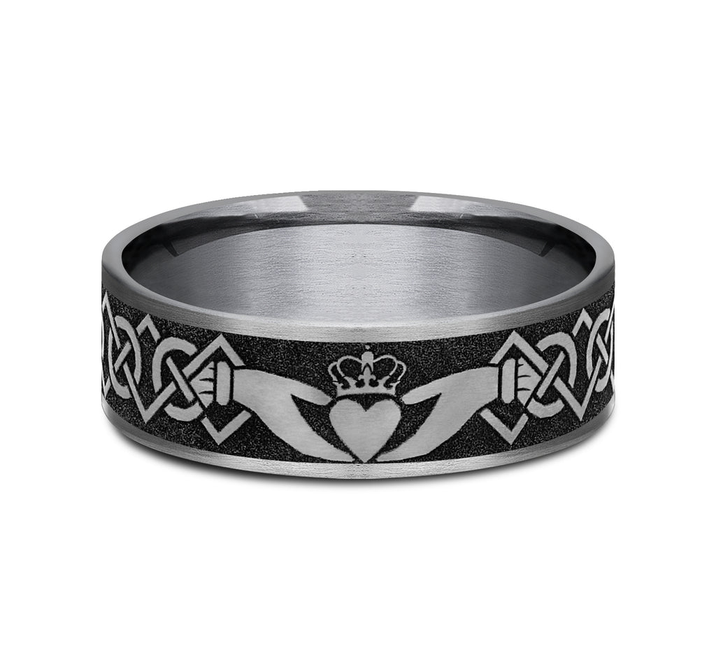 THE CLADDAGH 7.5mm, Comfort fit, Grey Tantalum and Grey/Black Titanium, Claddagh pattern, thin edges
