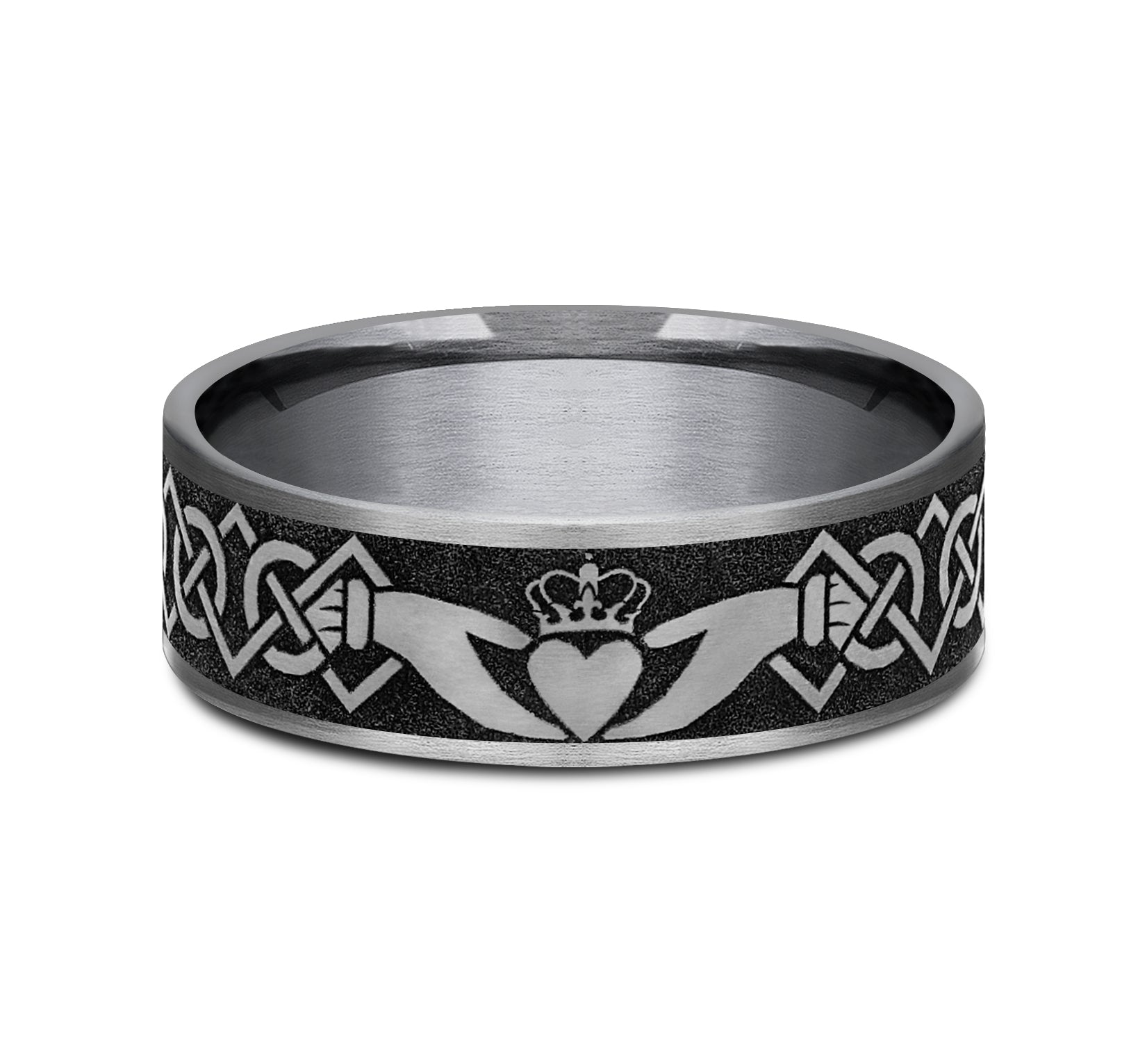 THE CLADDAGH 7.5mm, Comfort fit, Grey Tantalum and Grey/Black Titanium, Claddagh pattern, thin edges
