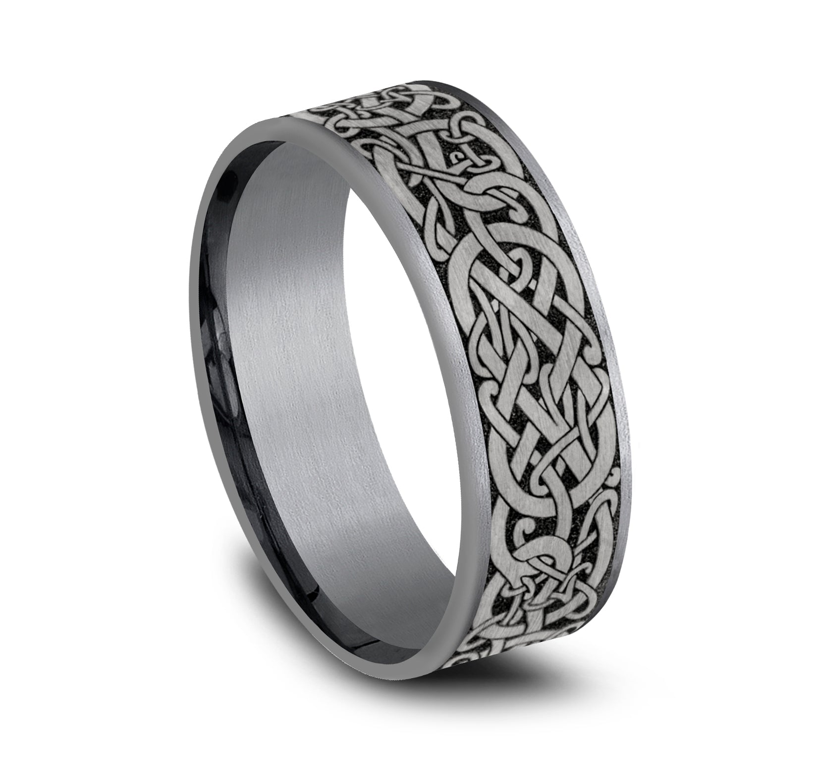 THE BERGEN 7.5mm, Comfort fit, Grey Tantalum and Grey/Black Titanium, Viking knot patterened center, thin edges