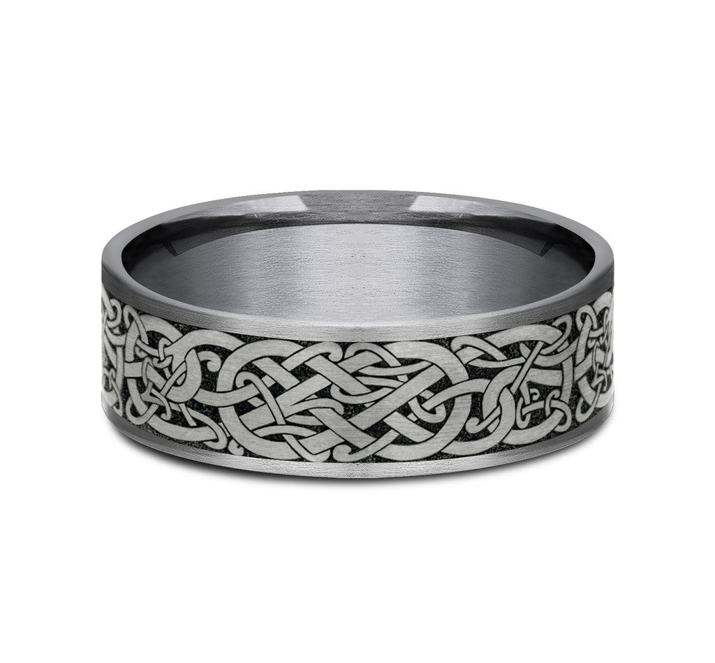 THE BERGEN 7.5mm, Comfort fit, Grey Tantalum and Grey/Black Titanium, Viking knot patterened center, thin edges