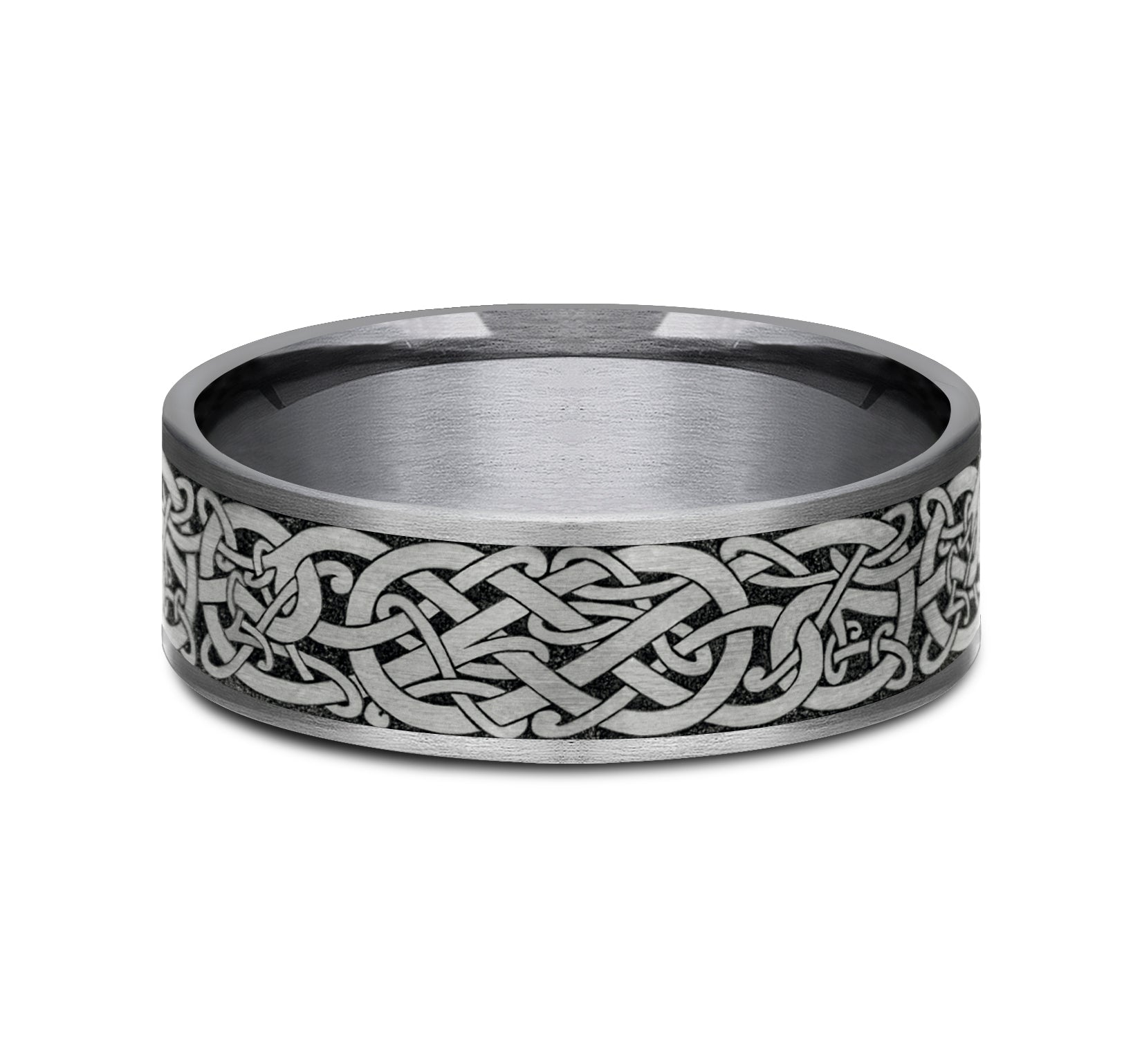 THE BERGEN 7.5mm, Comfort fit, Grey Tantalum and Grey/Black Titanium, Viking knot patterened center, thin edges
