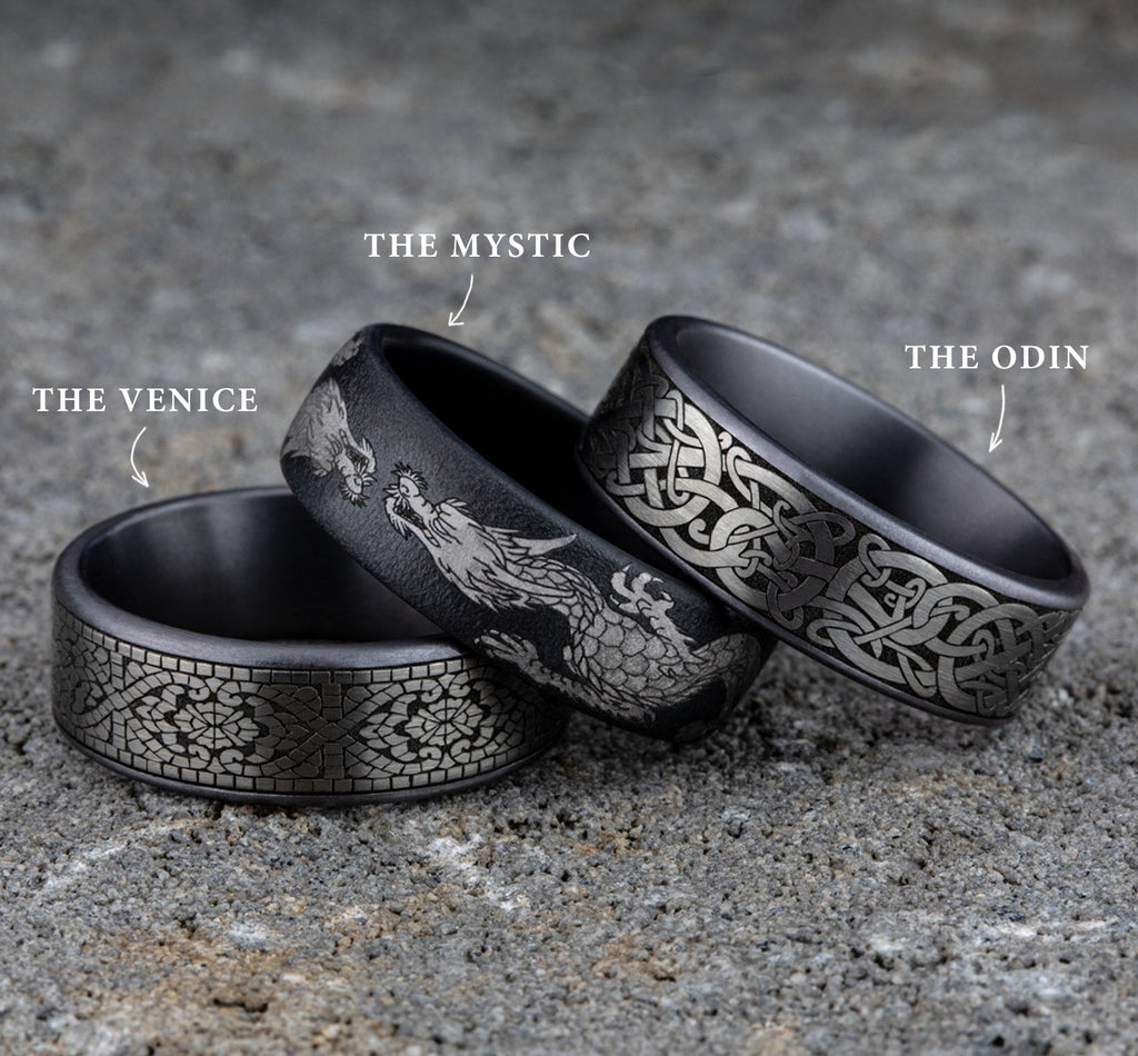 THE BERGEN 7.5mm, Comfort fit, Grey Tantalum and Grey/Black Titanium, Viking knot patterened center, thin edges