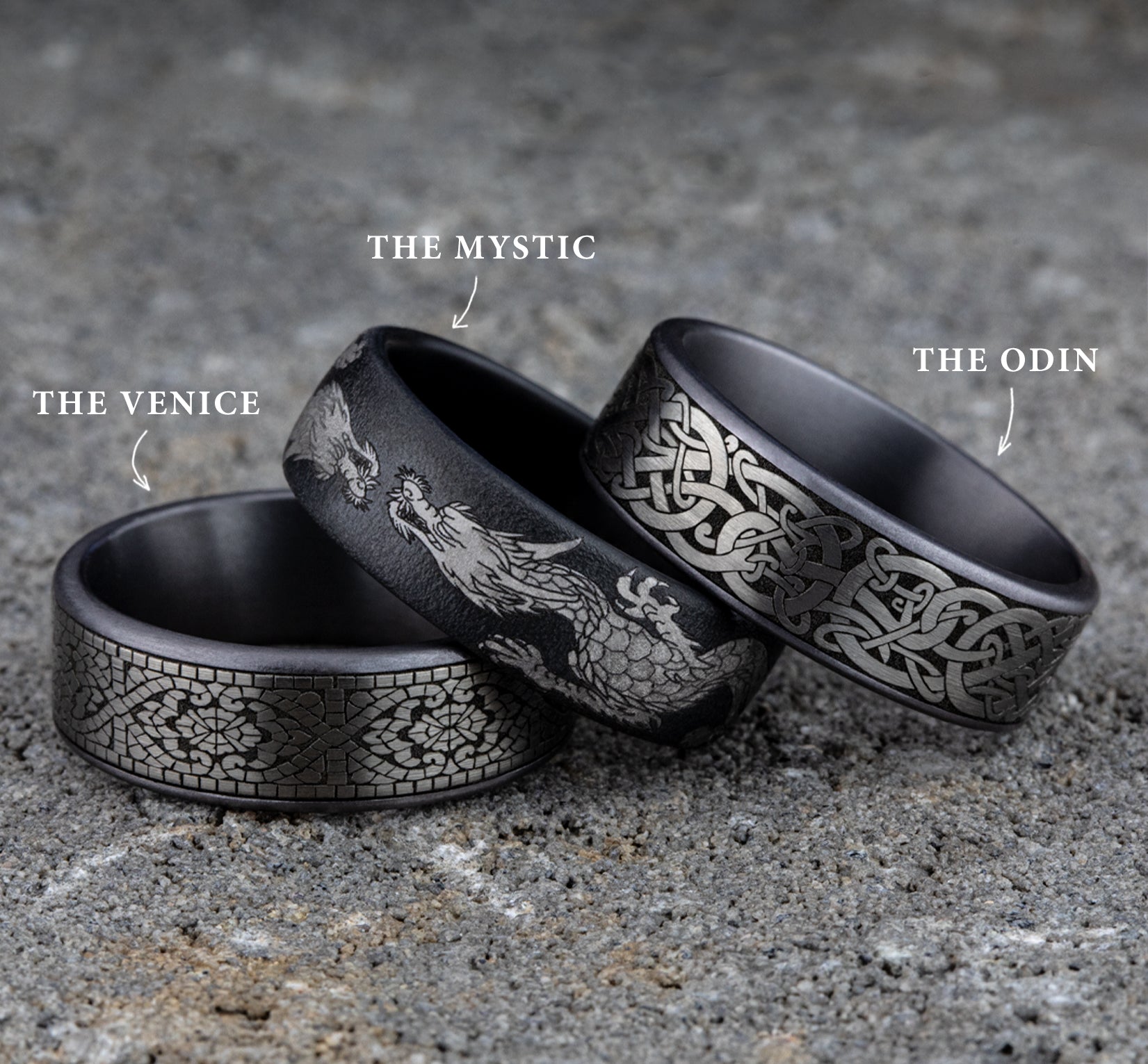 THE BERGEN 7.5mm, Comfort fit, Grey Tantalum and Grey/Black Titanium, Viking knot patterened center, thin edges