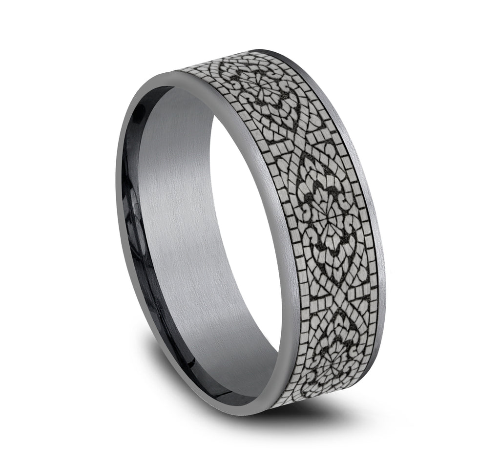 THE BURANO 7.5mm, Comfort fit, Grey Tantalum and Grey/Black Titanium, Mosaic patterned center, thin edges