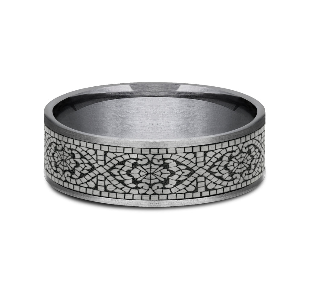 THE BURANO 7.5mm, Comfort fit, Grey Tantalum and Grey/Black Titanium, Mosaic patterned center, thin edges